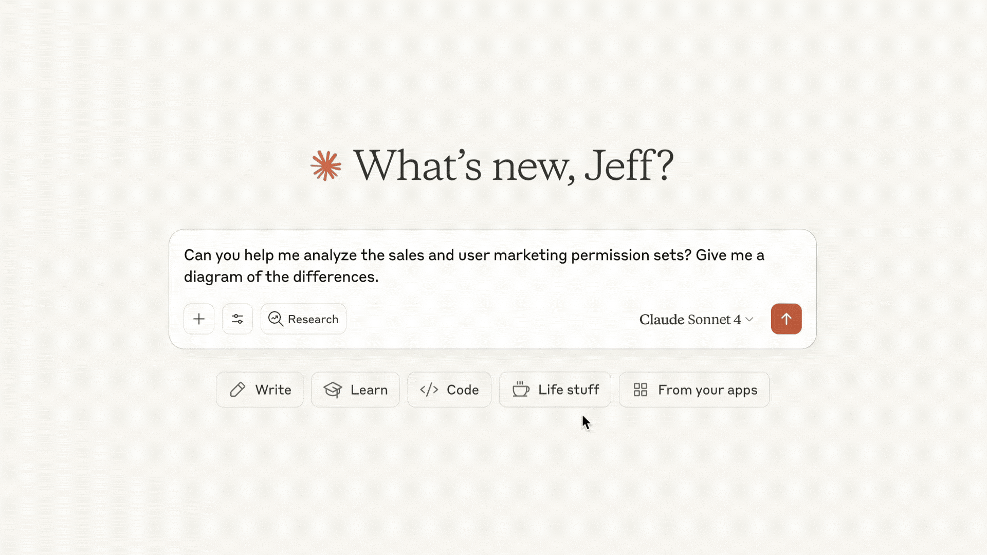 Claude.ai homepage with a prompt asking Claude to analyze the sales and user marketing permission sets and diagram the differences