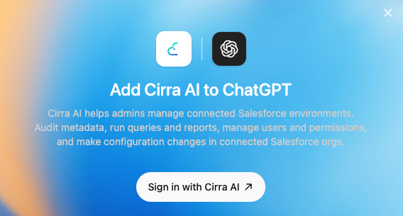 Add Cirra AI to ChatGPT dialog with the Cirra AI and ChatGPT logos and a Sign in with Cirra AI button