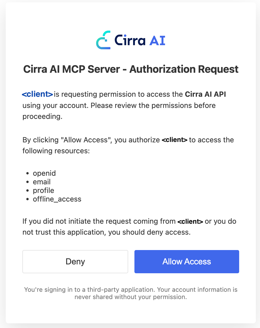 Cirra AI MCP Server authorization request dialog listing the requested permissions with a Deny and an Allow Access button
