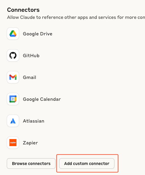 Claude Connectors settings panel listing Google Drive, GitHub, Gmail, Google Calendar, Atlassian, and Zapier, with the Add custom connector button highlighted