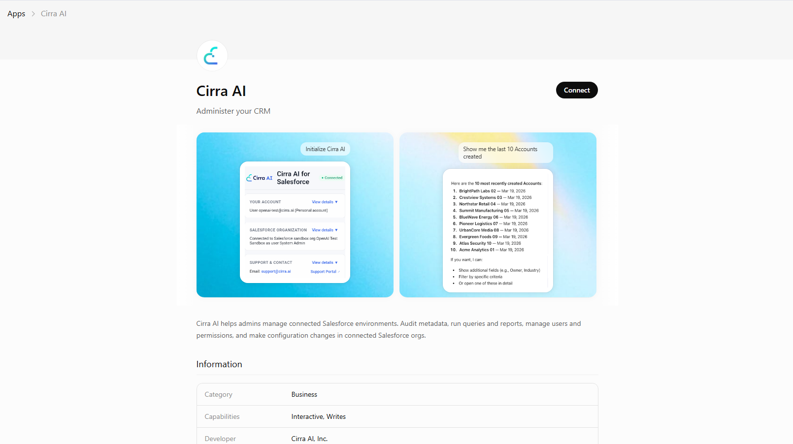The Cirra AI listing in the ChatGPT app directory, showing a Connect button and example prompts for initializing Cirra AI and querying recently created Accounts