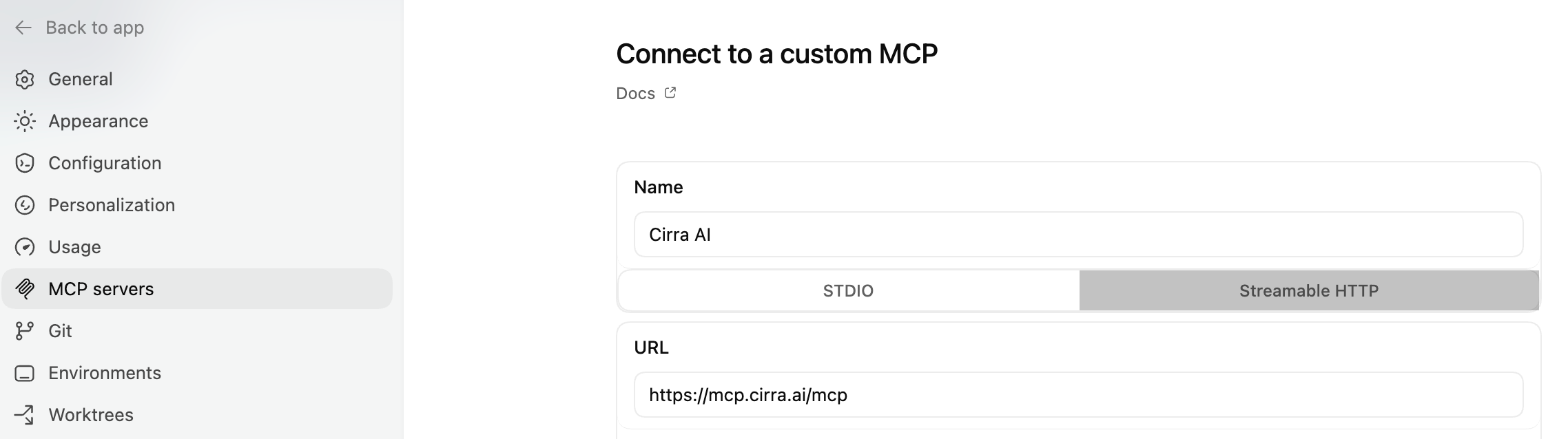 ChatGPT Codex's Connect to a custom MCP settings screen with Streamable HTTP selected, name set to Cirra AI, and URL set to https://mcp.cirra.ai/mcp