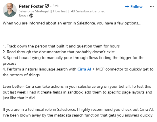 Peter Foster, Salesforce Strategist and 4X Salesforce Certified, LinkedIn post recommending Cirra AI for metadata search and taking actions in a Salesforce org